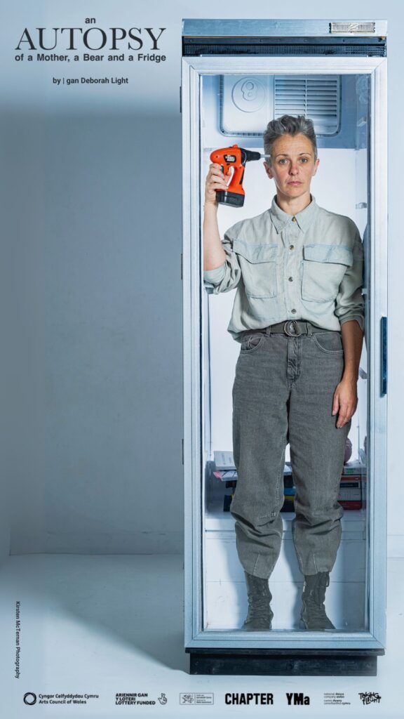 A white woman, in grey workwear stands in a full size, stainless steel, glass fronted fridge. She holds a toy drill to her head.